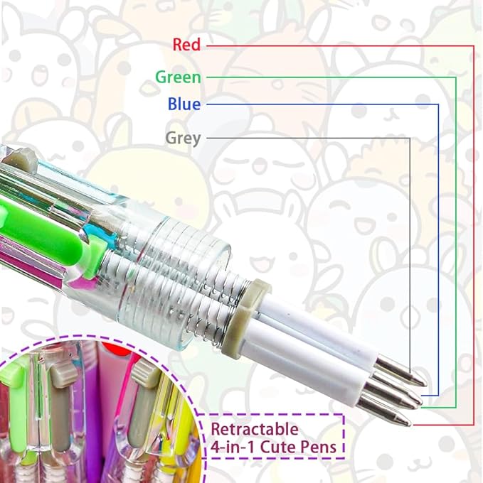 24Pcs Fun Pens Multicolor Pen in One, 4-in-1 Cute Pens Bulk Kawaii Pen Mini Ballpoint Pen for School, Office,Classroom, Teacher