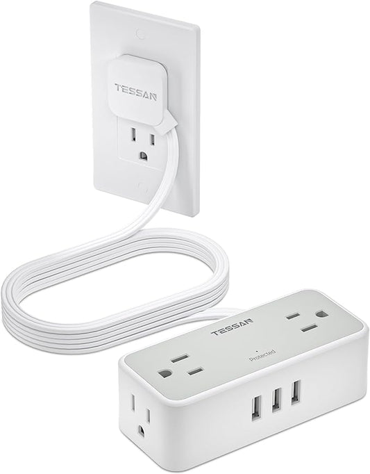 Ultra Thin Flat Plug Extension Cord 10 ft, TESSAN Surge Protector Power Strip with 4 Widely Space AC Outlets 3 USB Charging Ports, 900 Joules Protection for Home Office School Dorm Room