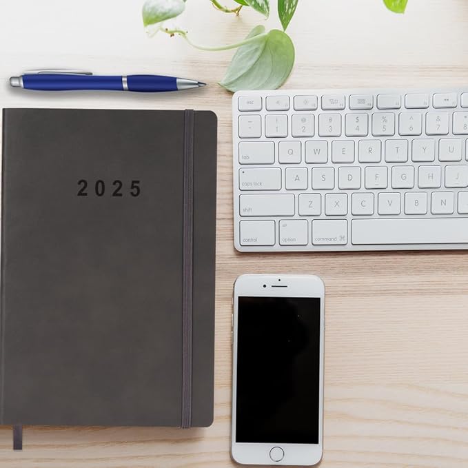 2025 Planner - Weekly and Monthly Planner Jan 2025 - Dec 2025, Holidays, Contacts and Notes Pages, Vegan Leather Cover, Elastic Closure, 5.5”x8.25”, Grey