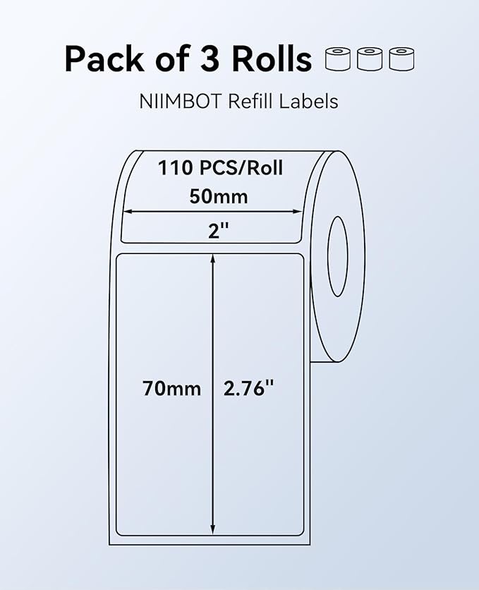 3 Rolls Labels for NIIMBOT B1 B21 B3S K3 Label Maker, 2'' x 2.36'' (50x70mm) Printer Labels, Food Labels for Jars, Personalized Editable Labels for Home/School/Office