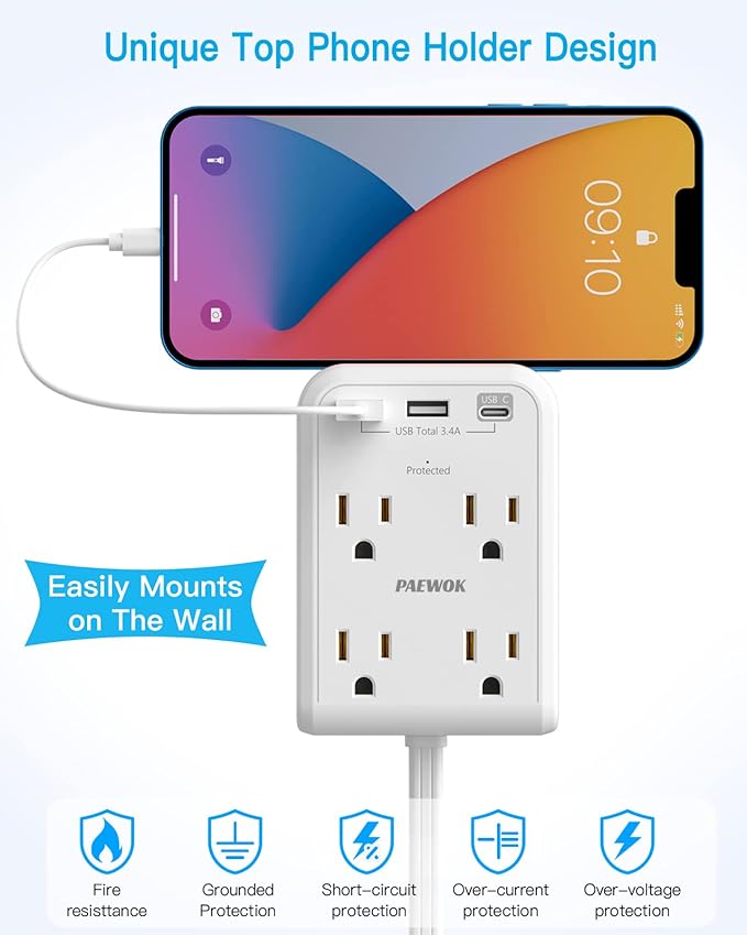 Flat Multi Plug Extender with 3 USB Wall Charger(1 Type C), 4 Outlet Wall Adapter, 4 ft Thin Extension Cord, Flat Plug Surge Protector Power Strip for Home, Office, College Dorm. White
