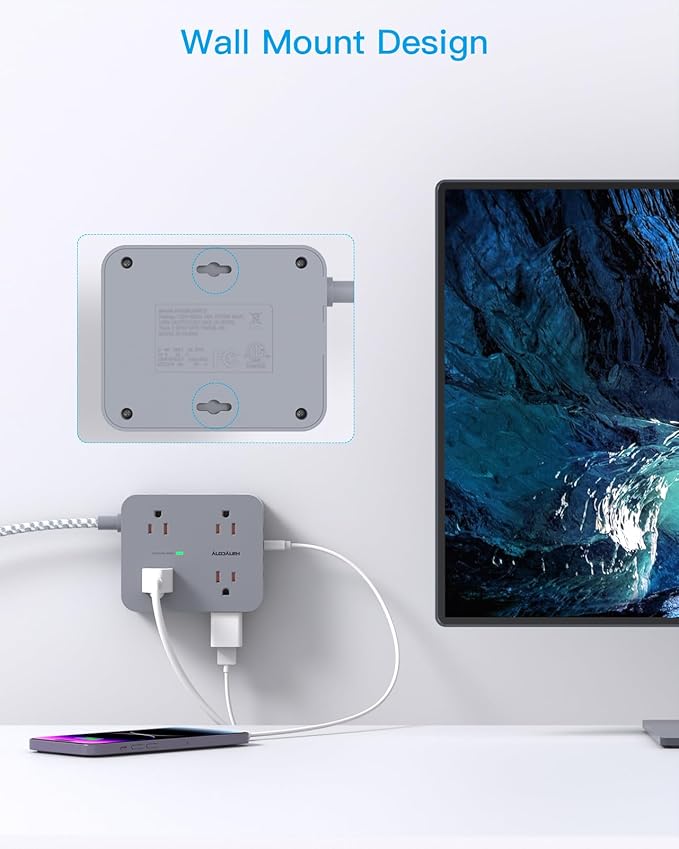 Surge Protector Power Strip 15 Ft Long Cord, 8 Outlets 4 USB Ports(2 USB C), Flat Plug, Desk Charging Station for Home Office College Dorm Room Essentials