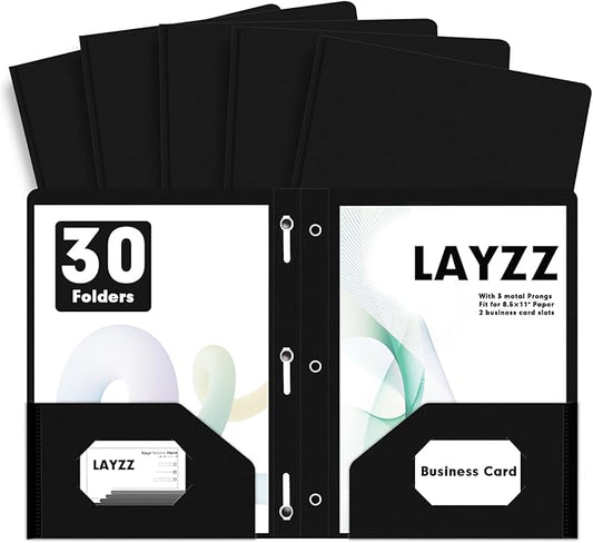 Plastic 2 Pocket Folders with Prongs, 30 Pack, Heavyweight, Letter Size Poly Folders with 3 Metal Prongs Fastener Clips (Black)