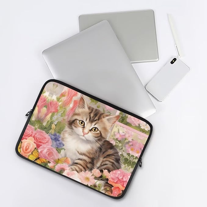 Cat Rose Printed Laptop Bag for Women Men, Lightweight Laptop Briefcase 10 Inch Shockproof Computer Carrying Cover with Zipper, Easy to Carry Laptop Case Bag for Daily Commuting