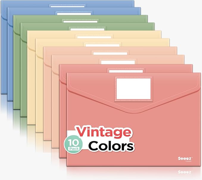 Sooez 10Pack Plastic Envelopes, Plastic File Folder, Folders for Documents Vintage Colors, Super Heavyweight Plastic Document Holder, Storage Pouches, File Envelopes for School Office Supplies