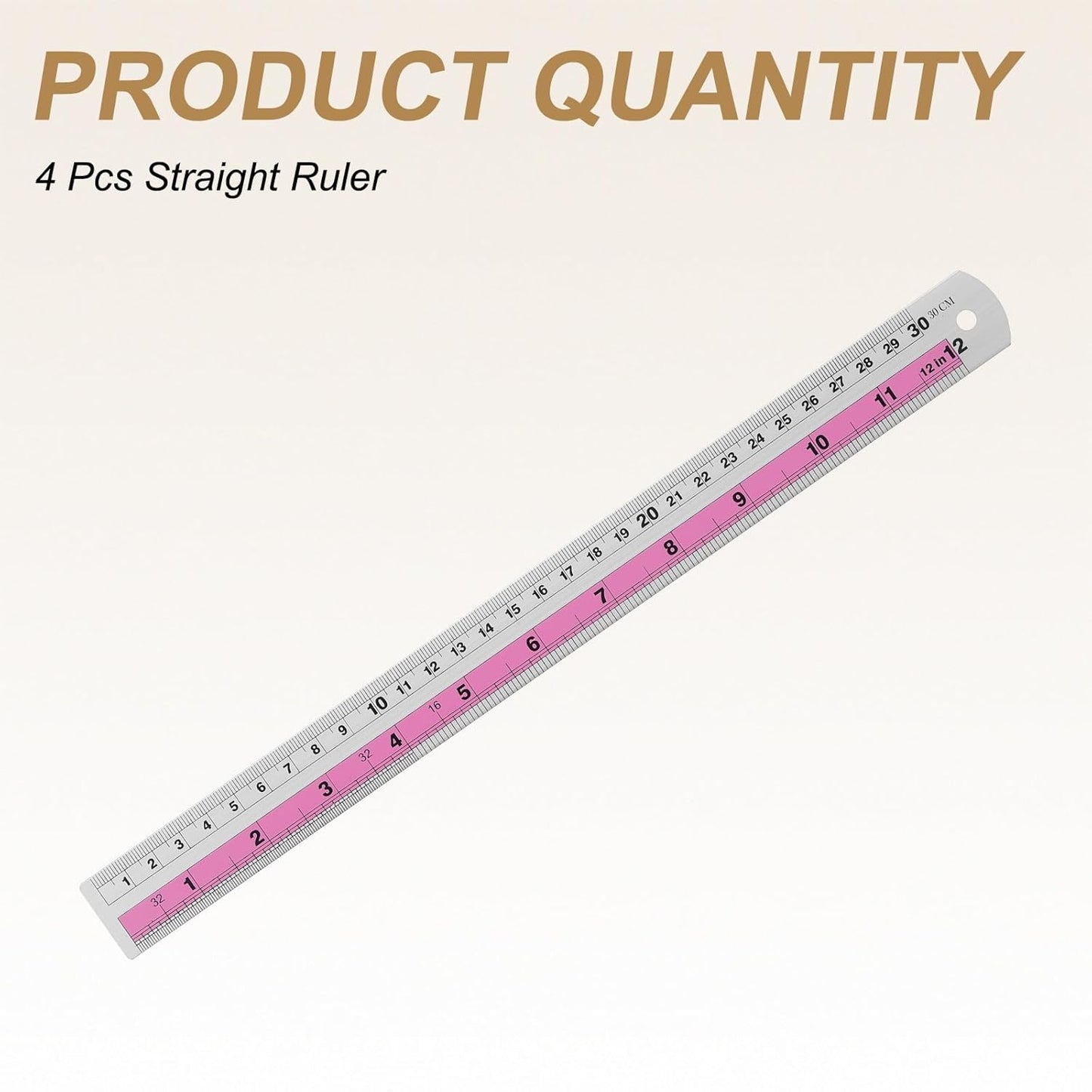 HARFINGTON 4pcs Metal Straight Ruler 30cm Metric SAE Aluminum Alloy Measuring Rulers Scale Tools with Hole for Measure Study Reading Classroom Office, Pink