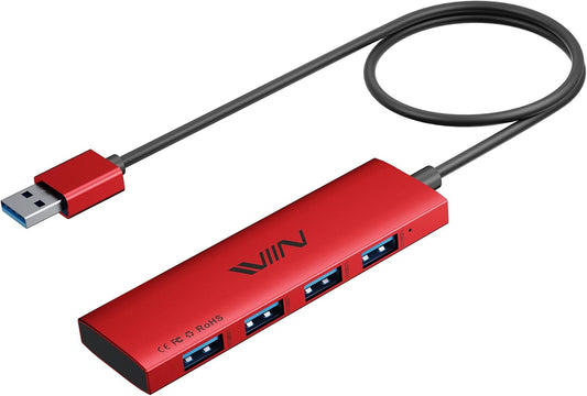 USB 3.0 Hub,4 Port USB Splitter Extender Portable Adapter Multiport Data Hub for Laptop,Xbox, Flash Drive,HDD,Console,Camera,Keyborad,Mouse Windows,Mac OS PC,Not Designed to Charge Devices-Red