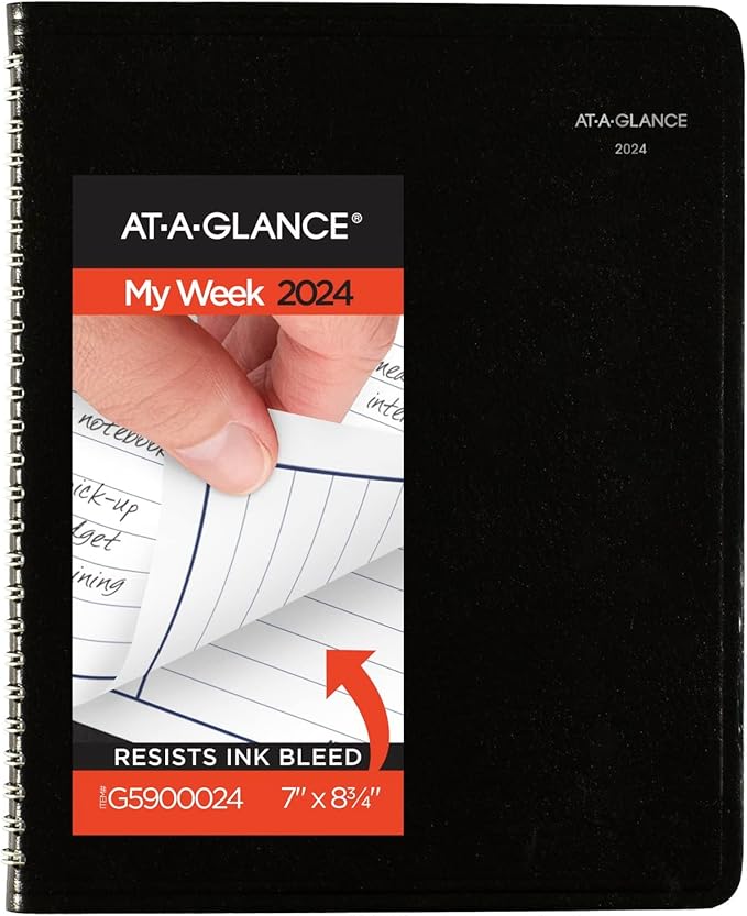AT-A-GLANCE 2024 Weekly Planner, DayMinder, Column-Style, 7" x 8-3/4", Medium, Faux Leather, Black (G5900024)