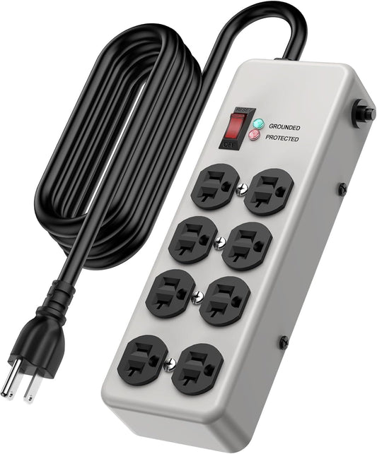HEZI 20A Power Strip Surge Protector Durable Metal 8-Outlet with Heavy Duty 20 Amp Extension Cord,12 Gauge for Garage,Workshop & Industrial Use with 6-20R T-Slot Outlets,4800J(Grey,6FT)