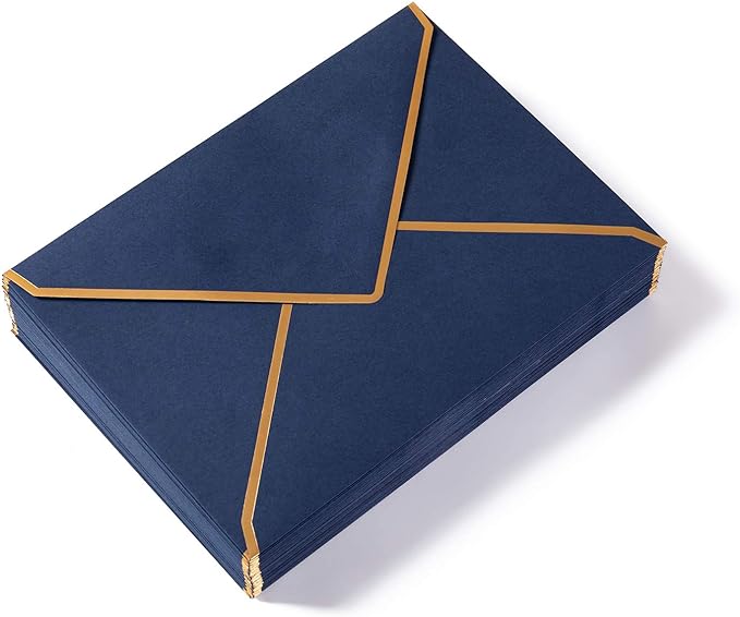 50 Pack A7 Envelopes Navy Blue 5 x 7 Self-Adhesive V Flap Envelopes with Gold Border for Office, Greeting Card, Wedding, Graduation, Baby Shower, Parties, Invitations (Navy Blue, 5x7)