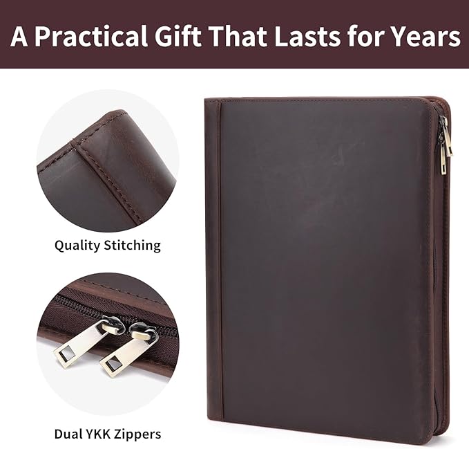 Personalized Genuine Leather Portfolio Binder, Zippered Padfolio for Men Women, Business Folio with 8.5” x 11” Notebook Holder and 13” Laptop Sleeve, Professional Folder, Dark Brown