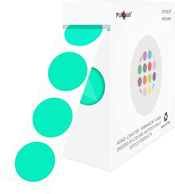 PARLAIM 0.75" Round Color Coding Circle Dot Labels in Roll, 1000 Stickers per Dispenser Box, 3/4 inch Diameter for Office and Business, Aqua