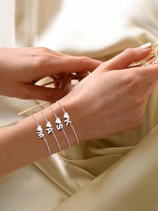 Silvora 925 Sterling Silver Dainty Initial Bracelet with Heart - 6.3" + 2" Adjustable Personalized 26 Letter Bracelet Jewelry Heart Bracelet for Women