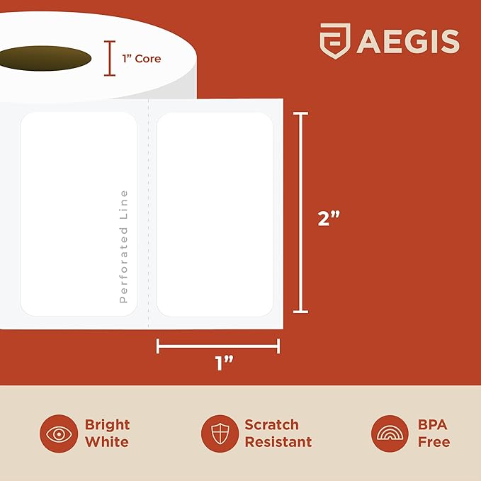 Aegis Adhesives - 2” X 1” Direct Thermal Labels for UPC Barcodes, Address, Perforated & Compatible with Rollo, Zebra, & Other Desktop Label Printers (12 Rolls, 1300/Roll)