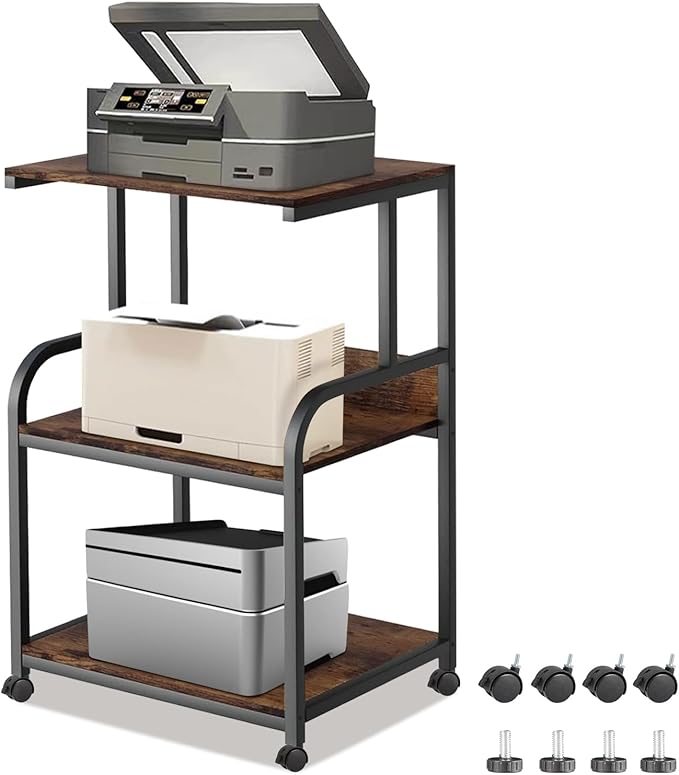 3 Tier Rolling Printer Cart with Wheels, Rustic Brown, Adjustable, Compatible with Printers, Fax Machines, Home Office, Kitchen, Living Room, Bedroom Storage Shelves