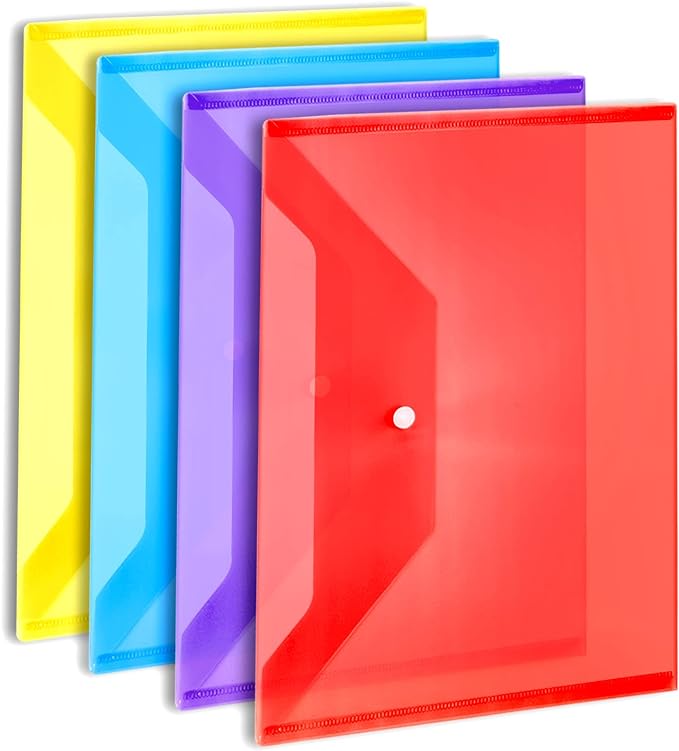 LEOBRO Plastic File Folders for Documents, 4 PCS File Folders, A4 Size Plastic Folders, Plastic Envelopes with Snap Closure, Clear Envelopes Pouches Folder Organizer Document Holder, Filing Envelopes