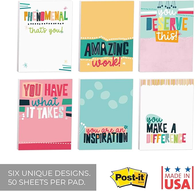 Empowering Sticky Note Pads / 3" x 4" Motivational Educator Sticky Notes / 50 Sheets Per Pad/Set of 6 Empowering Quote Designs/Made in USA