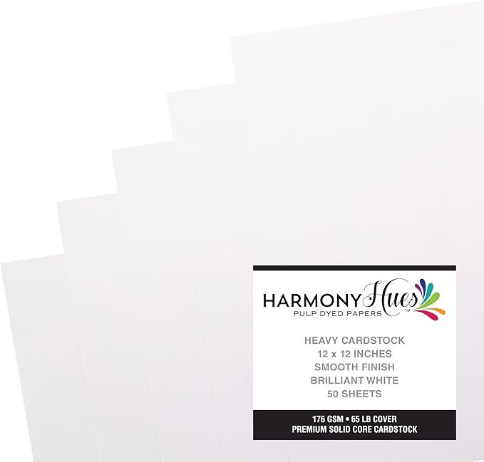 Cardstock 12 x 12 Paper Pack - 65lb Smooth Card Stock for Crafts, Cardmaking, Art Projects - 50 Square Scrapbook Sheets - Double Sided with Solid Core, Brilliant White