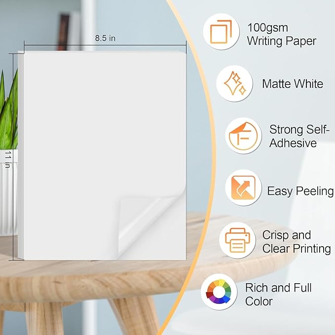 Printable Sticker Paper for Inkjet Printer, 150 Sheets 8.5"x11” Matte Sticker Printer Paper Full Sheet Labels, Sticker Paper for Printer Sticker Labels, for Laser/Inkjet Printers, Letter Size