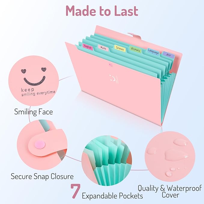 Forvencer Accordion File Organizer, Letter Size, 7 Pocket Expanding File Folder, Cute File Folder with Labels, Portable File Organizer for School Office Supplies, Folders for Documents, Green