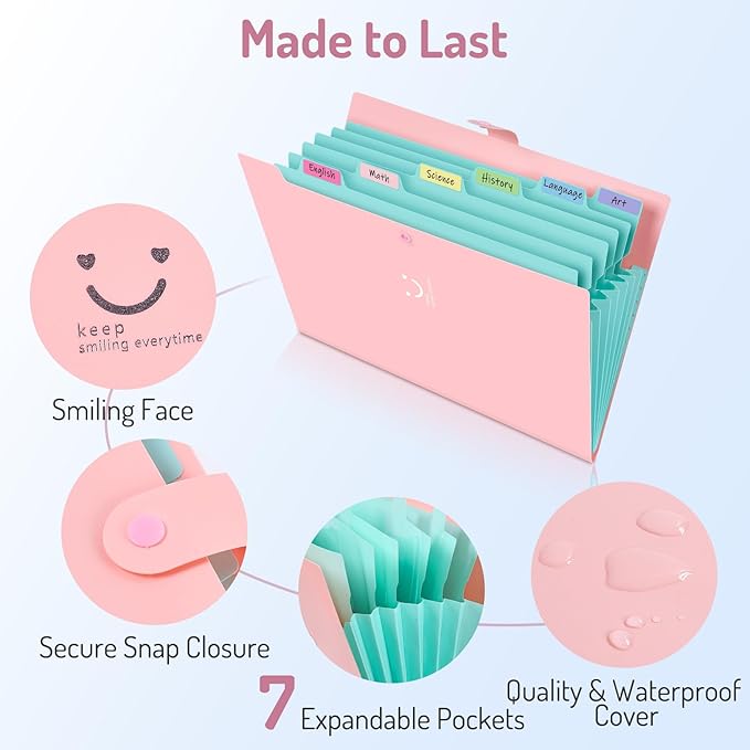 Forvencer Accordion File Organizer, Letter Size, 7 Pocket Expanding File Folder, Cute File Folder with Labels, Portable File Organizer for School Office Supplies, Folders for Documents, Black