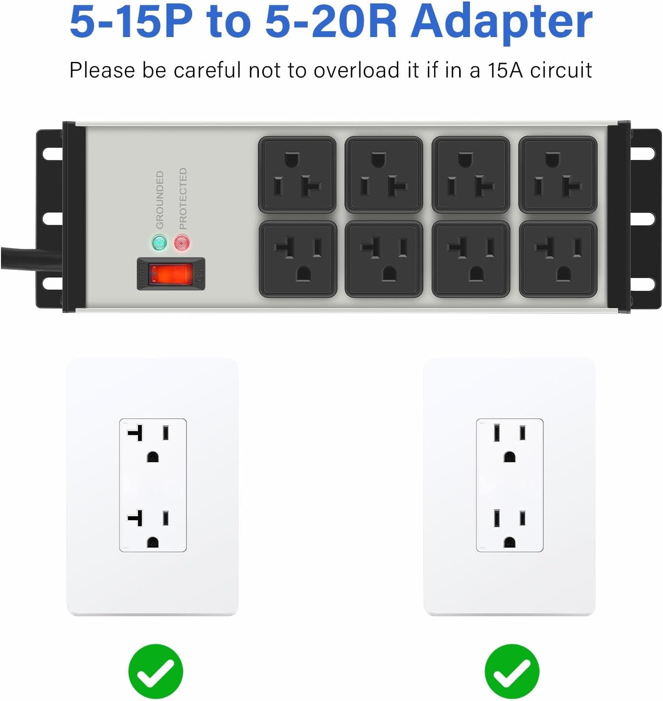 CCCEI Magnetic Heavy Duty Power Strip Surge Protector 20Amp, 12 Gauge High Amp Extension Outlets, Garage Wall Mount 8 Plug Metal Power Strip. 10FT, Grey, 5-15P Adapter 6-20R T-Slot 20a for Appliance