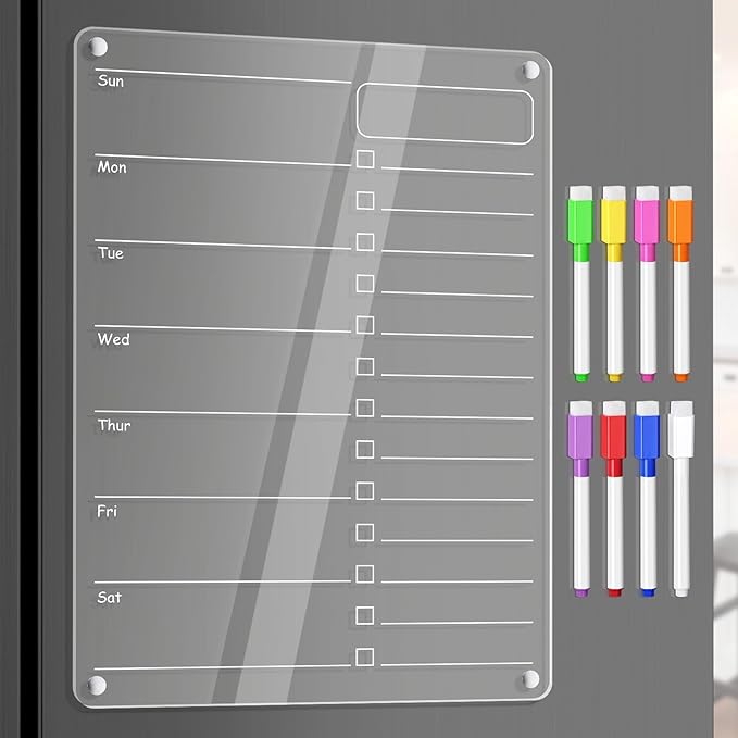 Acrylic Meal Planner Magnetic Menu Board for Kitchen Fridge Planning Board to Do List Shopping List Grocery List w/ 8 Markers, Clear Weekly Calendar for Refrigerator Dry Erase Board, 12x9’’