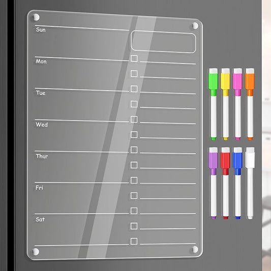 Acrylic Meal Planner Magnetic Menu Board for Kitchen Fridge Planning Board to Do List Shopping List Grocery List w/ 8 Markers, Clear Weekly Calendar for Refrigerator Dry Erase Board, 12x9’’