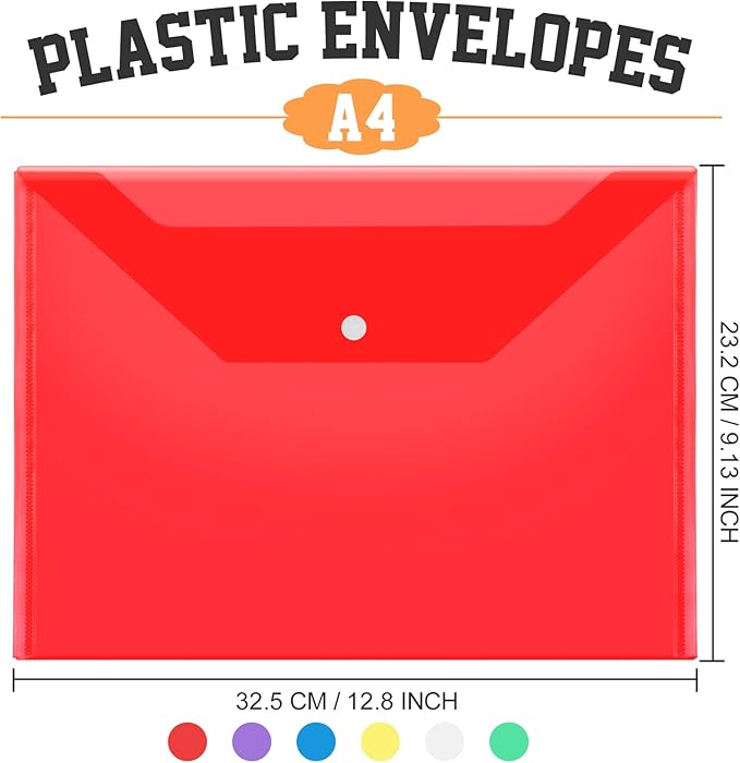 LEOBRO Plastic File Folders, 24 PCS Plastic Folders for Documents, File Folders, A4 Plastic Envelopes with Snap Closure, Letter Size Clear Envelopes Folders, Reusable File Bags, Document Holder