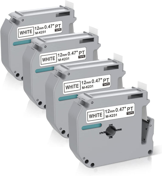 4 x Label Maker Tape Replacement for Brother P Touch M Tape M-K231 M-K231s MK231 MK-231 M231 12mm 0.47 White, Compatible with Brother P Touch PT-M95,PT-90,PT-70,PT-65,PT-85 Label Maker Refills,26.2 Ft