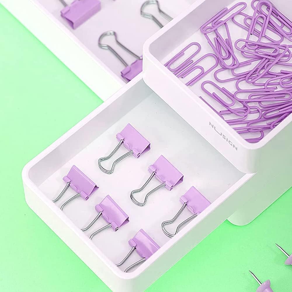 Purple Binder Clips and Paper Clips Push Pins Tacks Sets, Total 72 PCS Assorted Sizes Office Supplies Set for Women, Student, School, Home & Desk Supplies