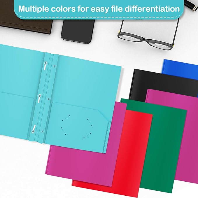 Heavy Duty Plastic Folder, 60 Pack, Pocket Folder with brads, Letter Size Poly File, Plastic Folders with 3 Prongs Fasteners - Light Blue
