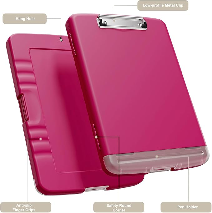 Piasoenc Clipboard with Storage, 8.5 x 11 Organization Box with Pen Holder and A4 Legal Paper Folder, Heavy Duty Plastic, Folio & Side-Opening, Low Profile Clip for Nurses, Teachers, Red