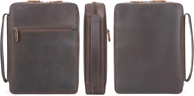Polare Full Grain Leather Bible Cover Church Bag Bible Protective Book Holder Carrying Case Folder Organizer Portfolio, Dark Brown