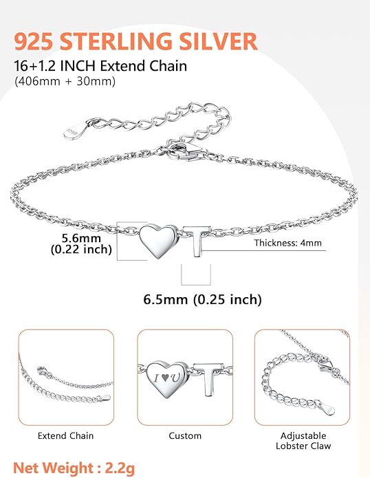 Silvora 925 Sterling Silver Dainty Initial Bracelet with Heart - 6.3" + 2" Adjustable Personalized 26 Letter Bracelet Jewelry Heart Bracelet for Women