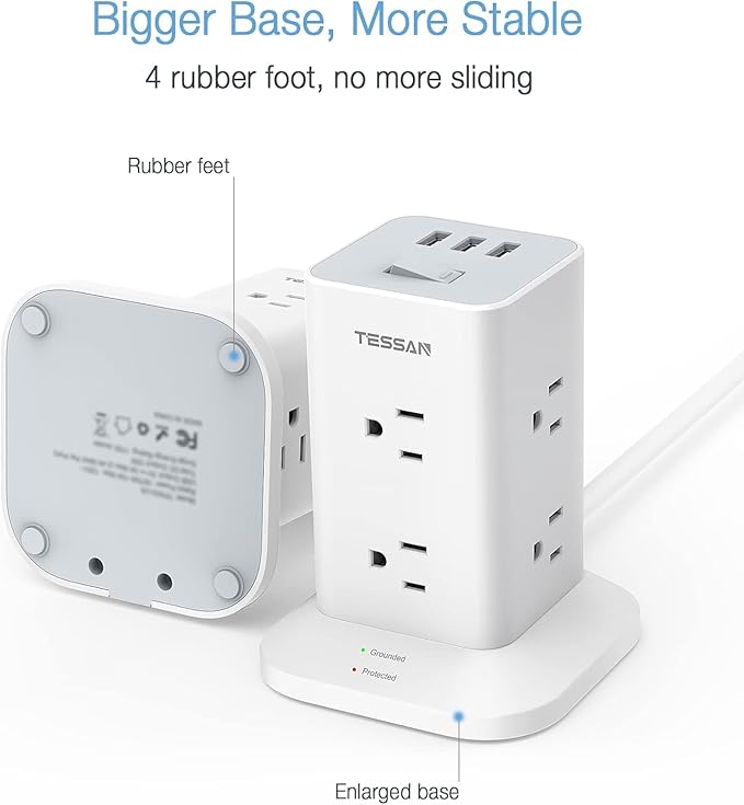 Tower Power Strip with 6 Feet Extension Cord, 8 Outlets 3 USB Chargers, 1700 Joules Surge Protection, Extension Cord with Multiple Outlets, 1875W, Office Supplies, Dorm Essentials, Charging Station