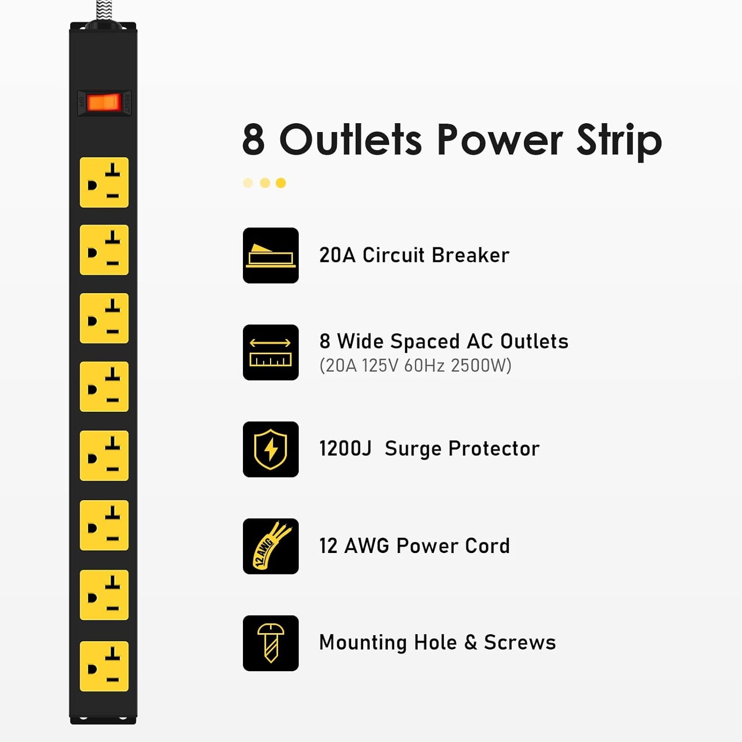 20Amp Power Strip Surge Protector, Durable Metal 8-Outlets with Heavy Duty 20 amp 10Ft 12 Gauge Extension Cord for Garage Workshop & Industrial Use, 1200J