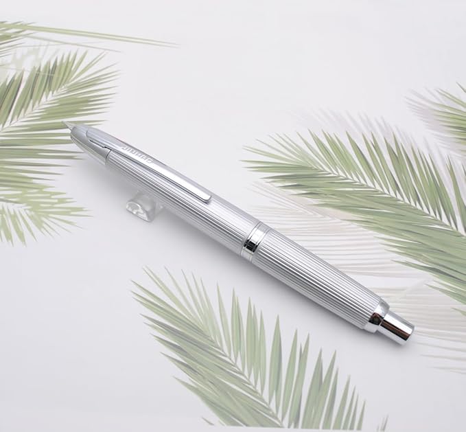 JINHAO 10 Press Fountain Pen, Retractable Metal Pen with Ink Converter (EF Nib 0.38mm, Striated Silver)