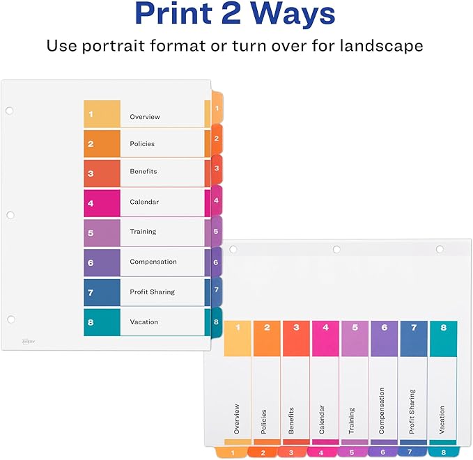 Avery 8 Tab Dividers for 3 Ring Binders, Customizable Table of Contents, Multicolor Tabs, 3 Sets (11071)