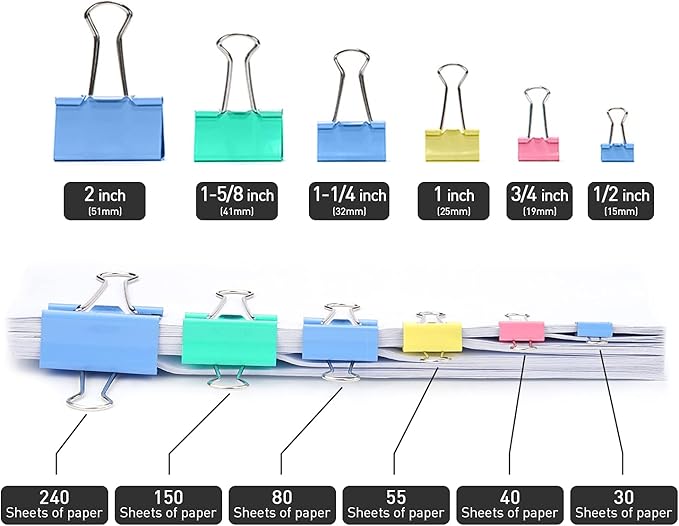 Colorful Binder Clips, 24 Pack, 1.6 Inch, Colorful, Large Clips, Large Binder Clips, Paper Binder Clips, Binder Clips Large Size, Large Paper Clips, Office Clips, Great Binder Clips