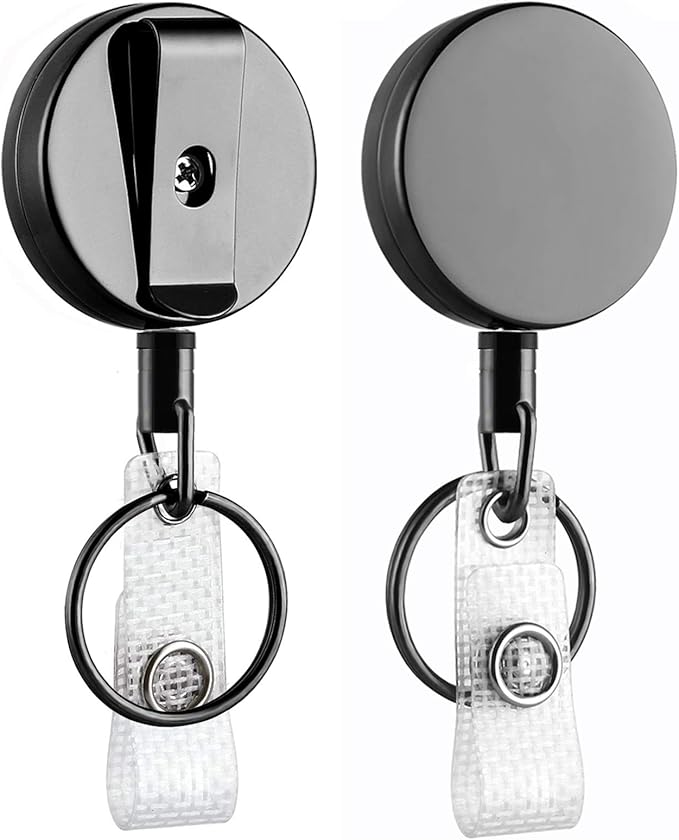 Will Well ID Badge Holder Reel with Clip and Keyring - Heavy-Duty All-Metal Casing with 27.5" UHMWPE Fiber Pull Cord for Durability and Easy Access, Holds up to 8 Keys - 2-Pack, Round, Glossy Black