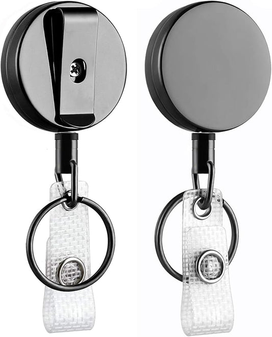 Will Well ID Badge Holder Reel with Clip and Keyring - Heavy-Duty All-Metal Casing with 27.5" UHMWPE Fiber Pull Cord for Durability and Easy Access, Holds up to 8 Keys - 2-Pack, Round, Glossy Black