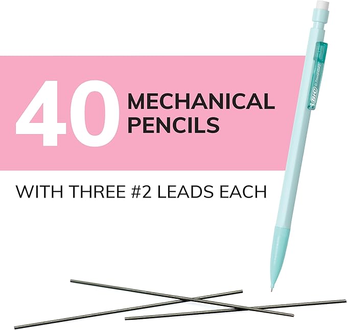 BIC Xtra-Smooth Pastel Mechanical Pencils with Erasers, Medium Point (0.7mm), 40-Count Pack, Bulk Mechanical Pencils for School or Office Supplies