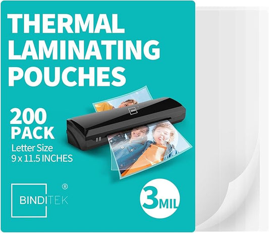 Binditek 200 Pack 3 Mil Thermal Laminating Pouches, 9x11.5 Inches Laminating Sheets, for Letter Size, Ultra Clear, Glossy, Hold 8.5x11 Inches, Heat Seal, School Office Supplies