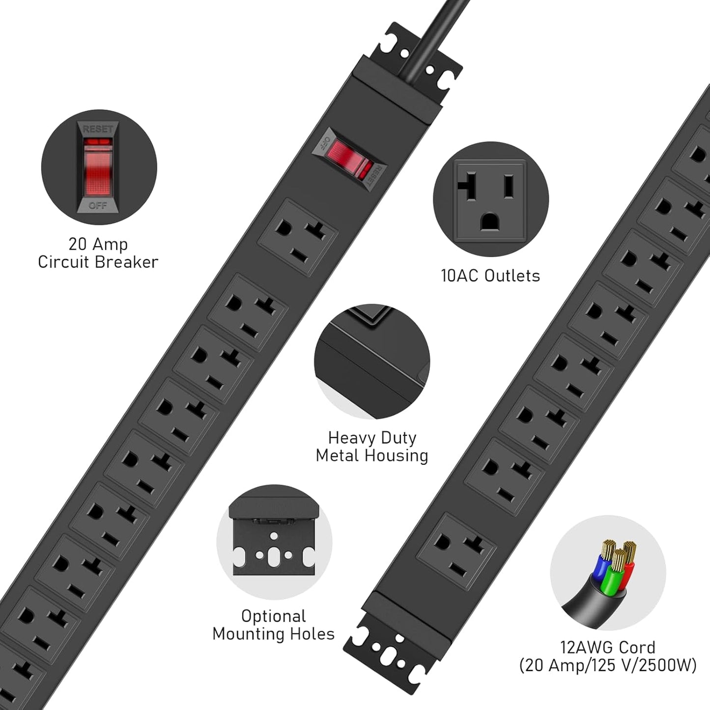 JUNNUJ Multi Angle Mount 10 Outlet 20 Amp Power Strip Heavy Duty, 2700J Surge Protector Under Desk with Switch 20A, Garage Workbench Gaming Outlet Table Wall Mountable, 3FT 12AWG Extension Cord