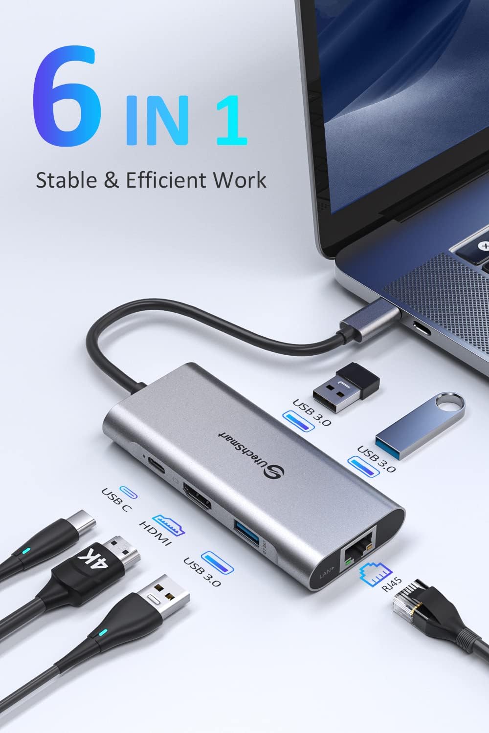 UtechSmart USB C Hub, USB C Ethernet Multiport Adapter, 6 In 1 USB C to HDMI Dock Compatible for Macbook Pro/Air, Chromebook, Dell XPS, HP and Type C Devices (Gigabit Ethernet 100W PD 4K HDMI USB 3.0)