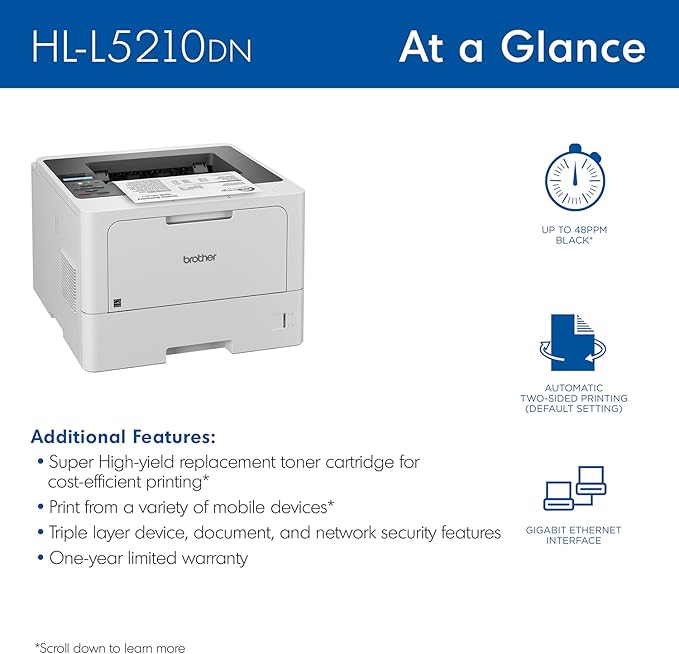 Brother HL-L5210DN Business Monochrome Laser Printer with Duplex Printing, Versatile Paper Handling, Mobile Printing, and Gigabit Ethernet Networking, Works with Alexa