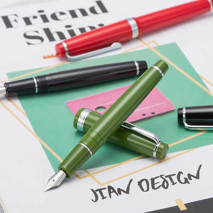Jinhao 82 Red Acrylic Fountain Pen, Iridium Extra Fine Nib Classic Design Smooth Writing Pen with Ink Converter (Silver Trim)