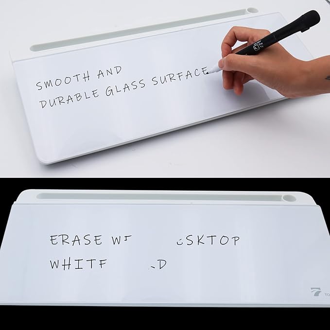 TOWON Small Tilted Desktop Glass Whiteboard, Notepad Computer Keyboard Stand with Dry Erase Board Surface, Desk Organizers with Accessories for Office, Home, School Supplies, White, 18 x 6 Inches