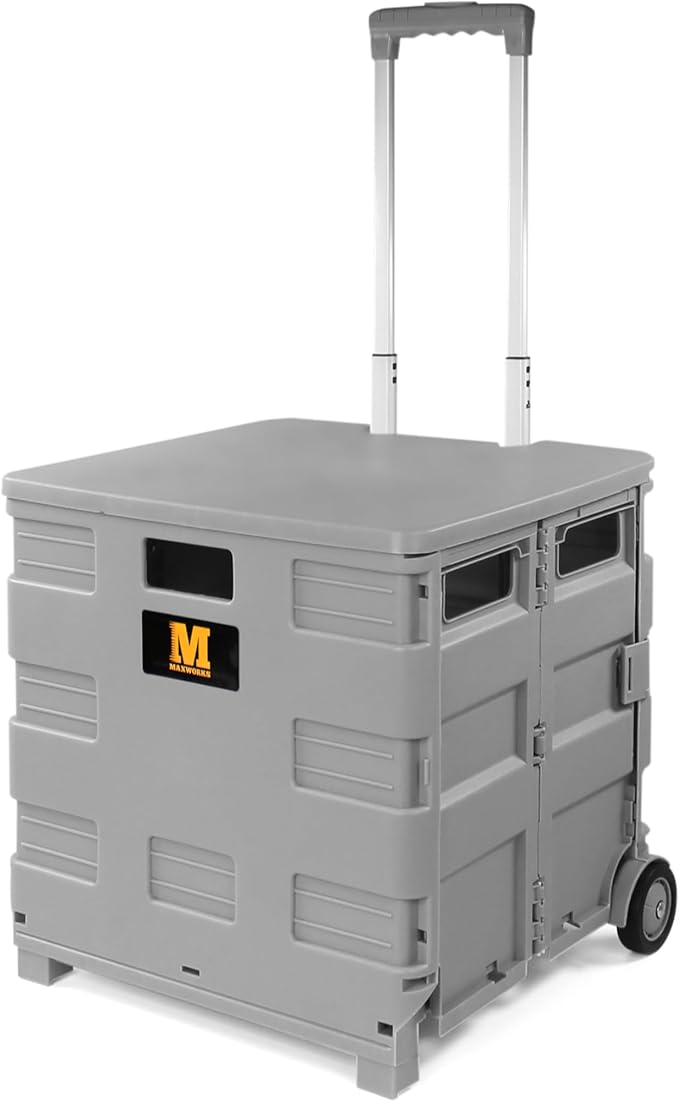 MaxWorks 50876 Collapsible Gray Rolling Folding Dolly Grocery Cart - Multi-Functional Teacher Dolly with Extra Storage, Durable Wheels, and Easy-to-Fold Design for Classroom, Office, Shopping
